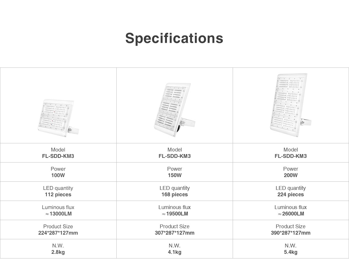 100W 150W 200W Narrow Multiple Beam Angle Option LED Flood Light LED Tunnel Lights FL-SDD-KM3