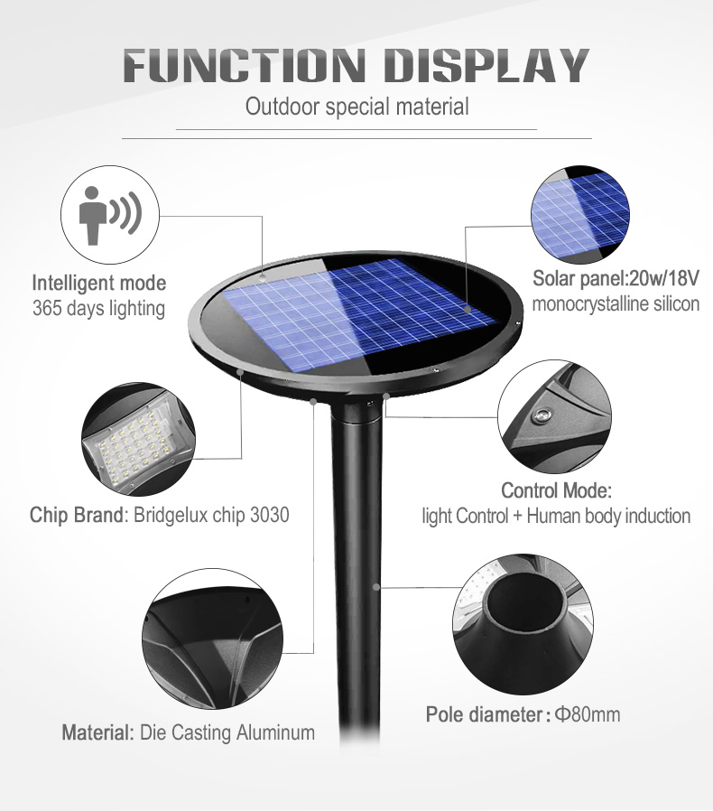 20W all in one solar ufo led post top lamp for outdoor garden lighting