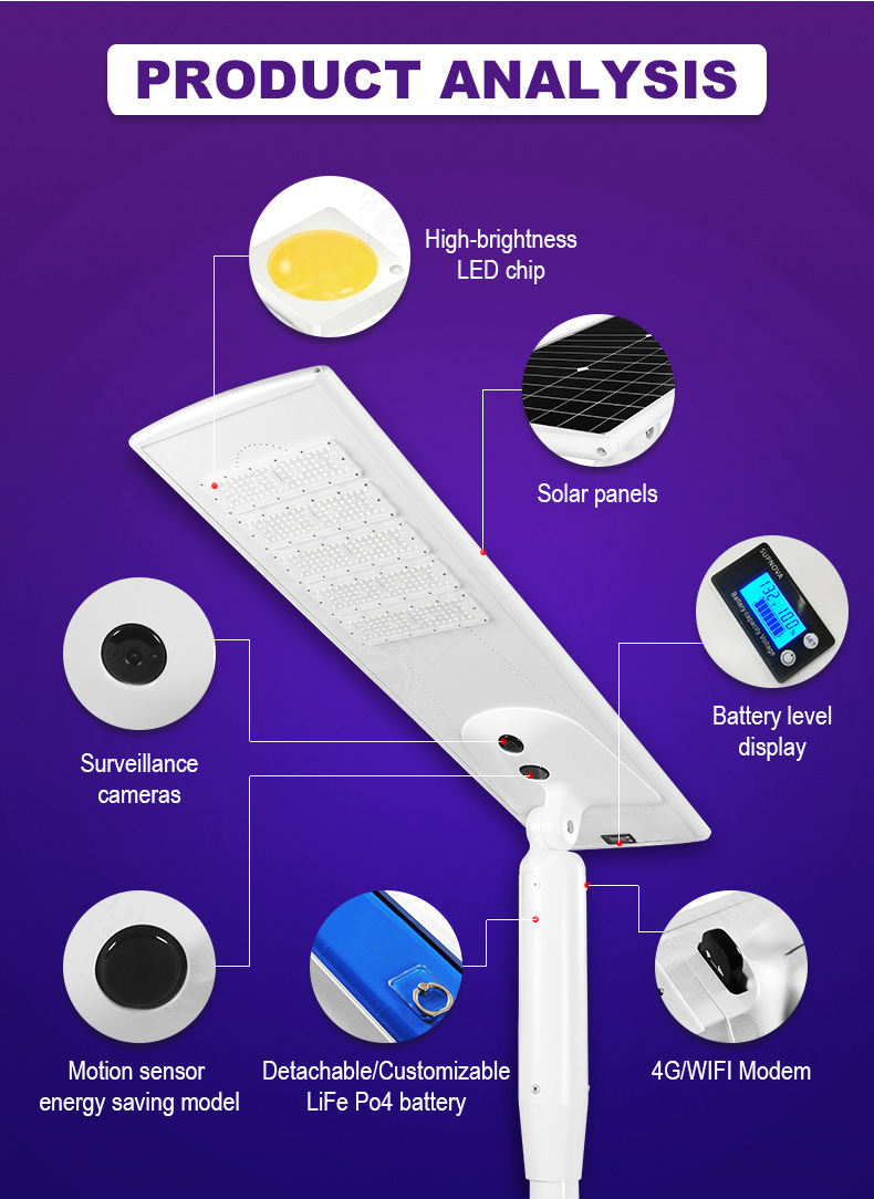 Wholesale outdoor 4g wifi IP Camera 1080P Motion Detection Alarm pashway integrated 80w smart LED all in one solar street light with CCTV camera for yard pathway walkway courtyard lighting